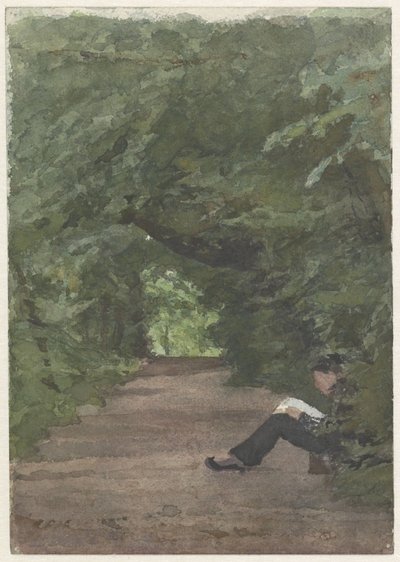 Lezende man in boslaan door Jan Veth