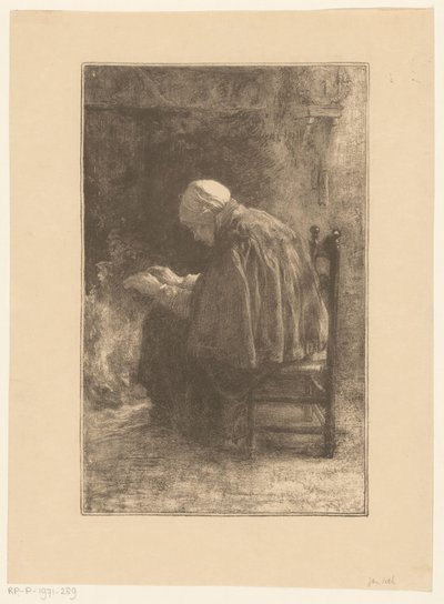 Oude vrouw bij haard door Jan Veth