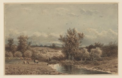 Landschap met rivier en koeien door Johannes Martinus Vrolijk
