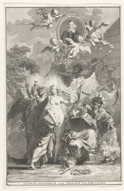 Allegorische titelpagina met het portret van schrijver Edward Simson Titelpagina voor: Edward Simson, Chronicon historiam catholicam complectens, 1729 door Jan Wandelaar