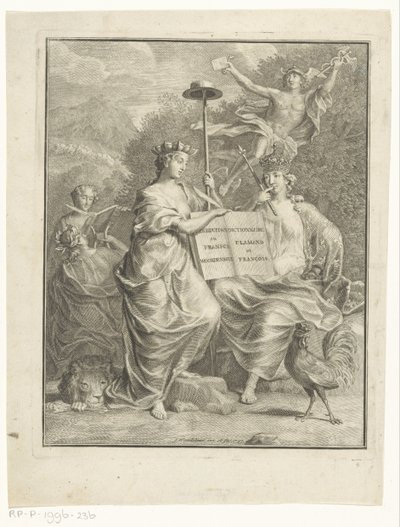 Personificaties van de Oostenrijkse Nederlanden en Frankrijk Titelpagina voor: François Halma, Het groot Fransch en Nederduitsch woordenboek, 1761 door Jan Wandelaar