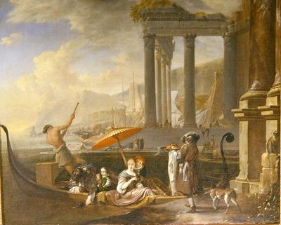 Klassieke zeehaven met een verwoeste tempel door Jan Baptist Weenix
