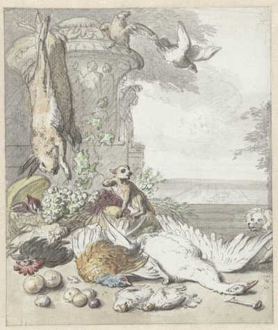 Dood wild, een aap, een hond en enige vogels door Jan Baptist Weenix
