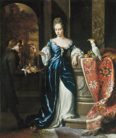 Portret van Lodewina Schey in een blauwe jurk, met een bediende die bloemen draagt door Jan Baptist Weenix