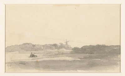 Weidelandschap met hooiwagen en windmolen door Jan Weissenbruch