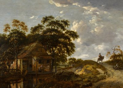 Landschap met een huisje bij een rivier en een vrouw die een pot schuurt, een heer te paard op een pad door Jan Wijnants