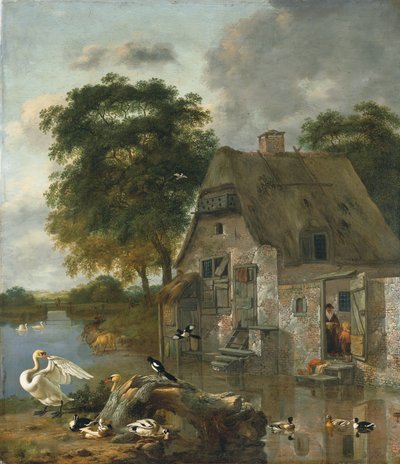 Zwanen, eenden en andere vogels voor een huisje aan het water door Jan Wijnants