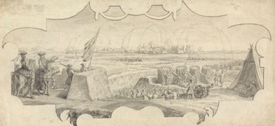 Een officier op een wal die het bombardement van een verre stad leidt door Jan Wyck