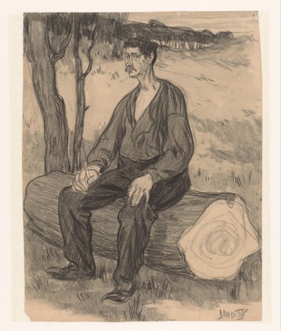 Man zittend op boomstam door Jan de Waardt (signed by artist)