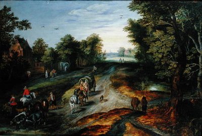 Landschap met een Dorpsweg door Jan studio of Brueghel