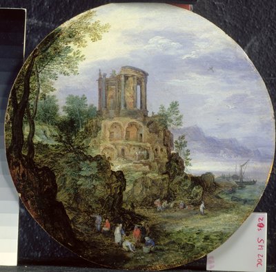 Zuidkustlandschap met de tempel van Vesta in Tivoli door Jan the Elder Brueghel