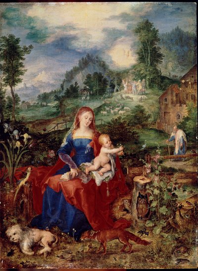 De Heilige Familie met dieren die door een boek bladeren, en het kind Jezus vasthouden, omringd door een hond, vos, vogels, krab, uil, papegaai; kikker, slak en iris. Schilderij door Jan Breugel de Oude, bekend als Bruegel de Fluweel door Jan the Elder Brueghel