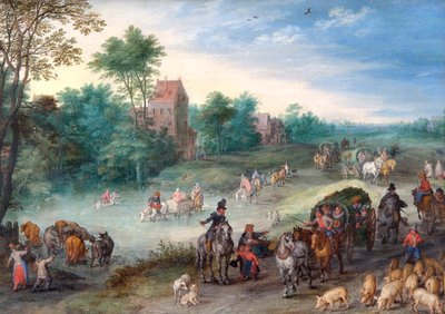 Reizigers op een Landweg, met Vee en Varkens door Jan the Elder Brueghel