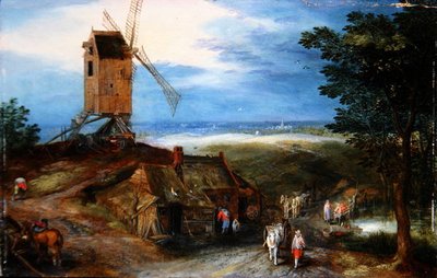 Een uitgestrekt landschap met reizigers door Jan the Younger Brueghel