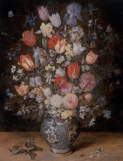 Stilleven van bloemen in een houten kuip door Jan the Younger Brueghel