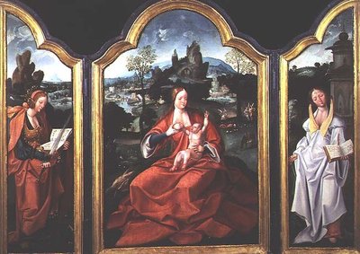 Rust tijdens de Vlucht naar Egypte met St. Catharina van Alexandrië en St. Barbara door Jan van (and workshop) Doornik