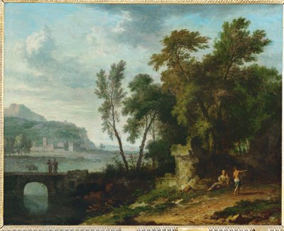 Levendig landschap met ruïnes en brug ... door Jan van (follower of) Huysum