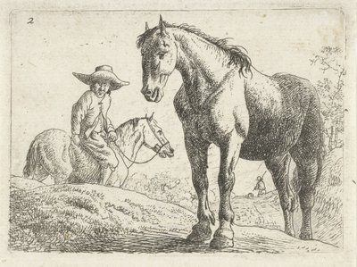 Een paard, een man te paard op de achtergrond door Jan van Aken