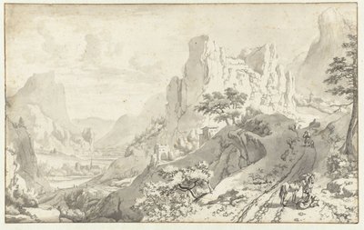 Berglandschap met afgestegen ruiter door Jan van Aken