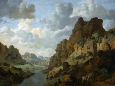 Dutch: Berglandschap met rustende reizigers Rocky landscape. door Jan van Aken