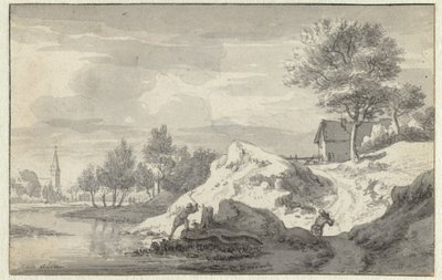 Landschap met figuren die hout hakken aan de oever van een rivier door Jan van Aken