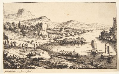 Rivierlandschap met reizigers, rechts een praam en twee zeilboten door Jan van Almeloveen