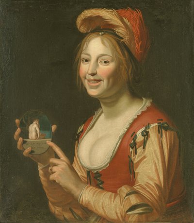 Lachend Meisje dat een Klein Schilderij van een Naakte Vrouw van Achteren Laat Zien door Jan van Bijlert