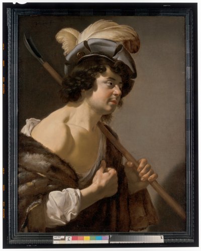 Een herder, halflang in profiel, met een elegante gevederde hoed door Jan van Bijlert or Bylert