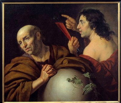 Heraclitus en Democritus De Griekse filosofen Heraclitus van Ephese (Heraclitus) (535-475 v.Chr.) en Democritus (Democritus) (460-370 v.Chr.). Schilderij door Jan van Bijlert (1597-1671) 17e eeuw Utrecht. Centraal Museum door Jan van Bijlert or Bylert
