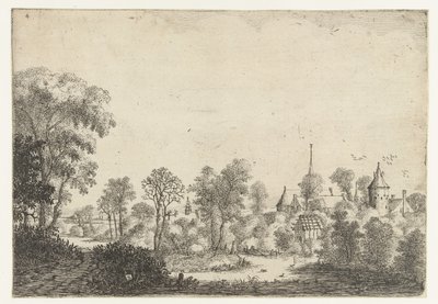 Landschap met gezicht op dorp en man in boot door Jan van Brosterhuyzen