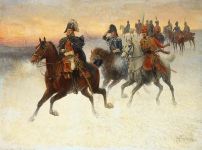 Maarschalk Ney en Napoleon en hun troepen tijdens de Russische campagne door Jan van Chelminski