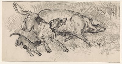 Twee honden die een varken opjagen door Jan van Essen
