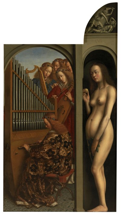 Muziekmakende engelen en Eva door Jan van Eyck