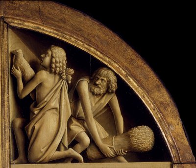 Het Gentse Altaarstuk. Aanbidding van het Mystieke Lam: Het offer van Kaïn en Abel, 1432 door Jan van Eyck