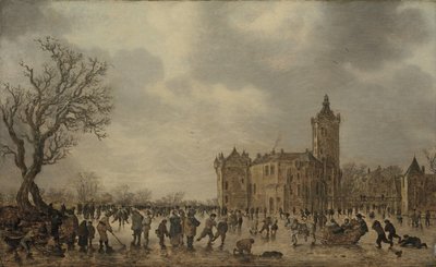 Een winterlandschap met figuren die zich op het ijs desporten bij het Kasteel Montfoort door Jan van Goyen
