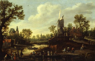 Duits: Flusslandschaft mit Fähre Rivierlandschap met een veerboot door Jan van Goyen