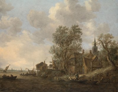 Gezicht op een stad aan een rivier door Jan van Goyen