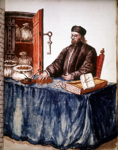 Een bankier in Venetië. Aquarel en inkt uit het manuscript 