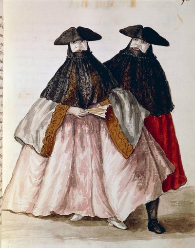 Carnavalfiguren in Venetië, illustratie uit Geïllustreerd boek van Venetiaanse kostuums, door Jan Grevenbroeck, aquarel, Italië door Jan van Grevenbroeck