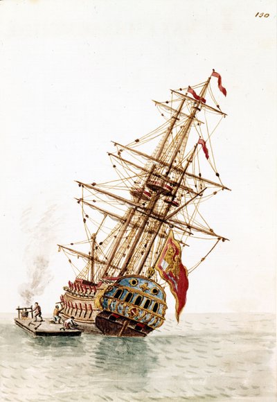 Venetiaans schip neergeschoten in de romp om gerepareerd te worden. Aquarel en inkt uit het manuscript “Customs of the Venitians” door Jan van Grevenbroeck (of Giovanni Grevembroch) (1731-1807) door Jan van Grevenbroeck