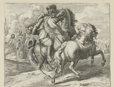 Militair te paard neergeschoten Cavaleriescènes (series title) door Jan van Huchtenburg (possibly copy after)