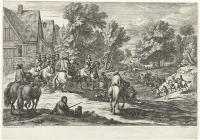 Gezicht op een dorp met ruiters op de voorgrond door Jan van Huchtenburg