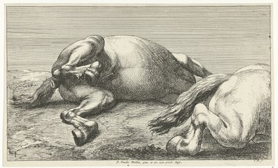 Twee gesneuvelde paarden waarvan de rechter van de zijkant gezien door Jan van Huchtenburg