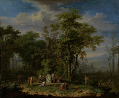 Arcadisch landschap met een ceremonieel offer door Jan van Huysum