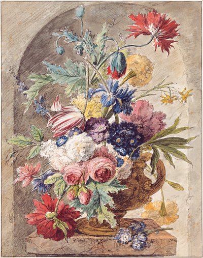 Dutch: Bloemstilleven in een vaas met oor op een piëdestal in een nis Flower Still Life door Jan van Huysum
