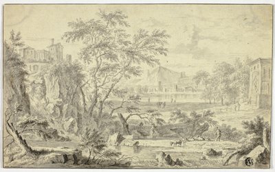 Italiaans Landschap met Herder en Kudde bij Stroom, Stad in de Verte door Jan van Huysum