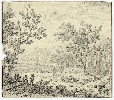 Landschap met geiten, geitenhoeder en ruïnes door Jan van Huysum