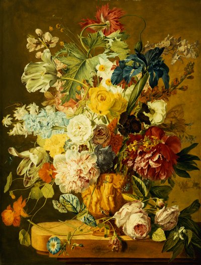 Rozen, Pioenen, Tulpen, Winde, een Iris, Akelei, een Klaproos, Narcissen en Andere Bloemen in een Gesneden Urn op een Stenen Rand door Jan van Huysum