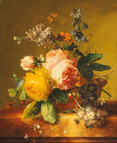 Rozen en andere Bloemen in een Mand op een Marmeren Rand, ca. 1742 door Jan van Huysum