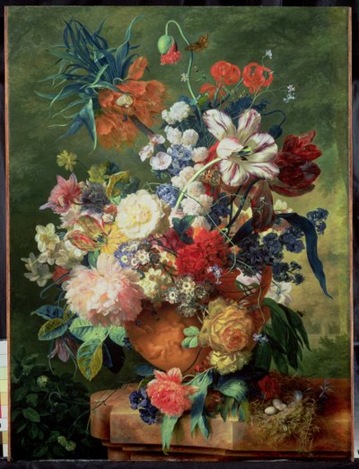 Stilleven van bloemen en een vogelnest op een voetstuk door Jan van Huysum